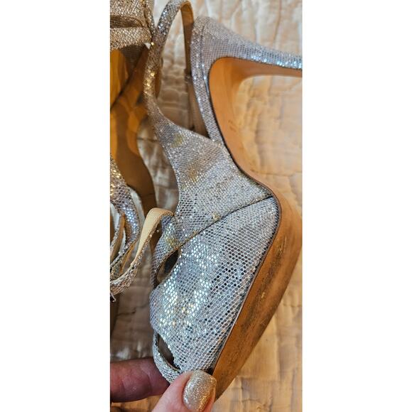 Kate Spade Metallic Silver Sparkle Platform Slingback Heels Women Sz 8B Open Toe - Picture 8 of 8